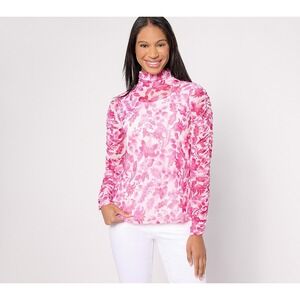 Susan Graver Pink Floral Mesh Mock Neck Ruched Sleeve‎ Top Sheer
